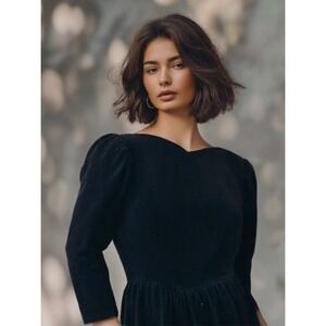 80s Lanz Black Velvet Midi Dress Size Large Button Back Long Sleeve Original USA